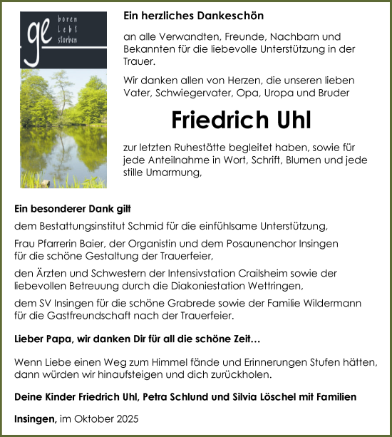 Traueranzeige von Friedrich Uhl von Rothenburg