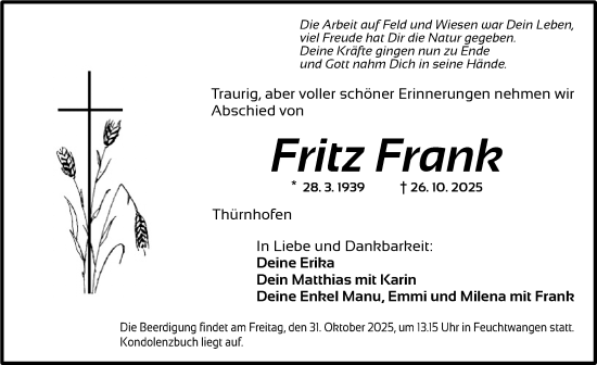 Traueranzeige von Fritz Frank von Ansbach