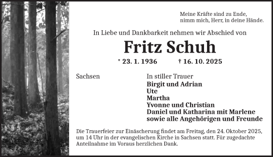 Traueranzeige von Fritz Schuh von Ansbach