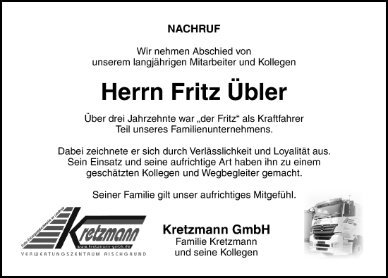 Traueranzeige von Fritz Übler von Neustadt/ Scheinfeld/ Uffenheim