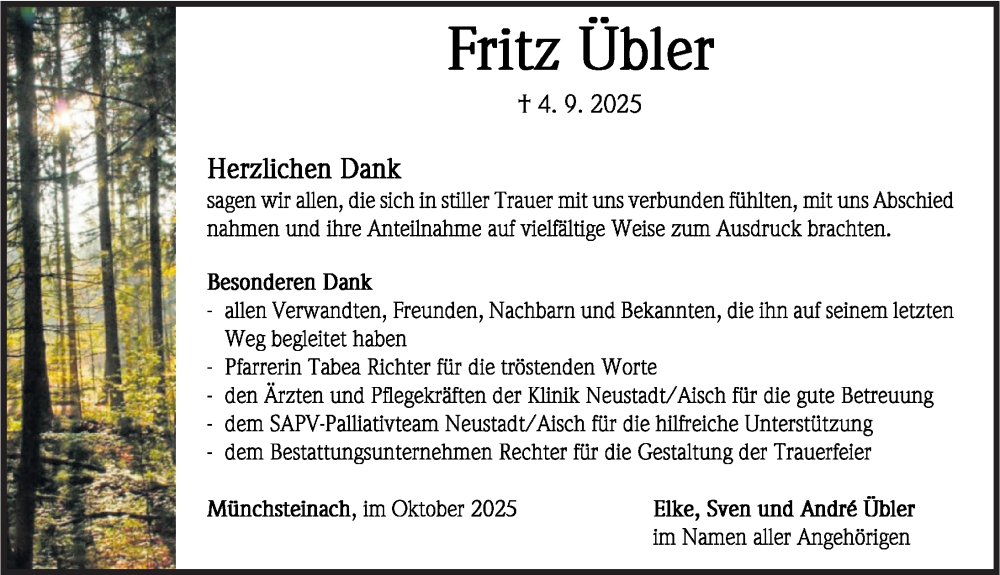  Traueranzeige für Fritz Übler vom 04.10.2025 aus Neustadt/ Scheinfeld/ Uffenheim