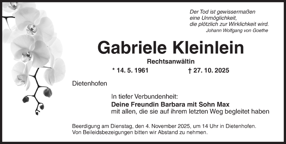  Traueranzeige für Gabriele Kleinlein vom 30.10.2025 aus Ansbach