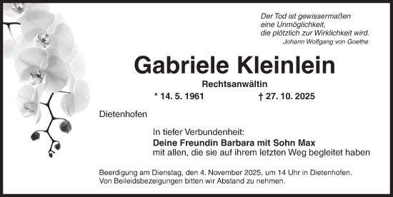 Traueranzeige von Gabriele Kleinlein von Ansbach