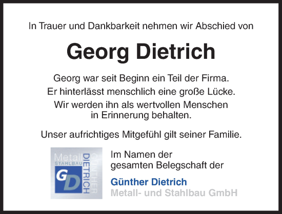 Traueranzeige von Georg Dietrich von Ansbach