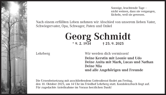 Traueranzeige von Georg Schmidt von Ansbach