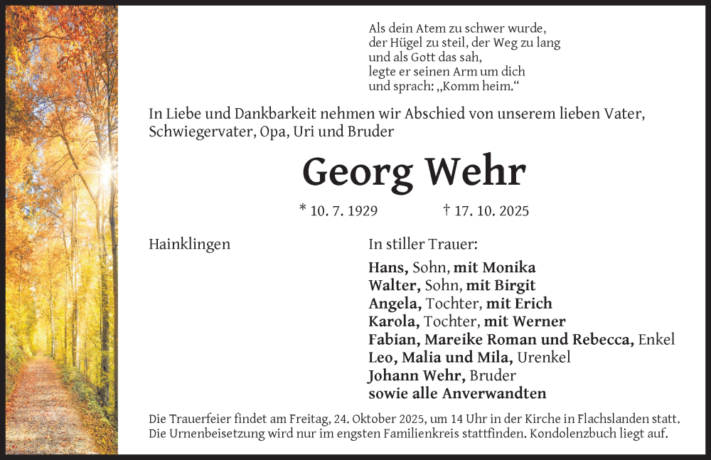  Traueranzeige für Georg Wehr vom 22.10.2025 aus Ansbach