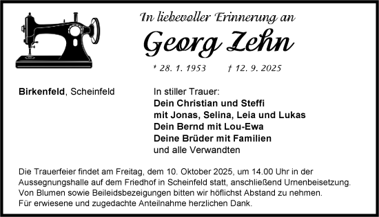 Traueranzeige von Georg Zehn von Neustadt/ Scheinfeld/ Uffenheim