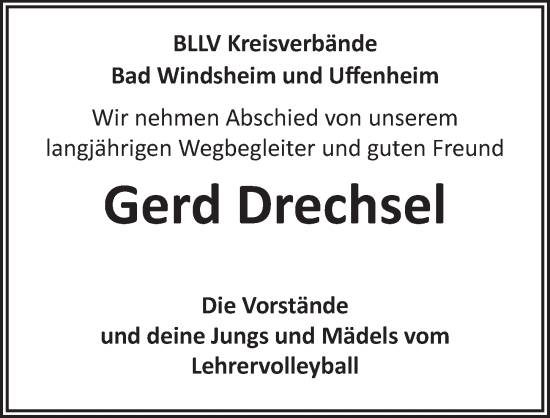 Traueranzeige von Gerd Drechsel von Neustadt/ Scheinfeld/ Uffenheim