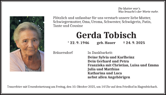 Traueranzeige von Gerda Tobisch von Neustadt/ Scheinfeld/ Uffenheim