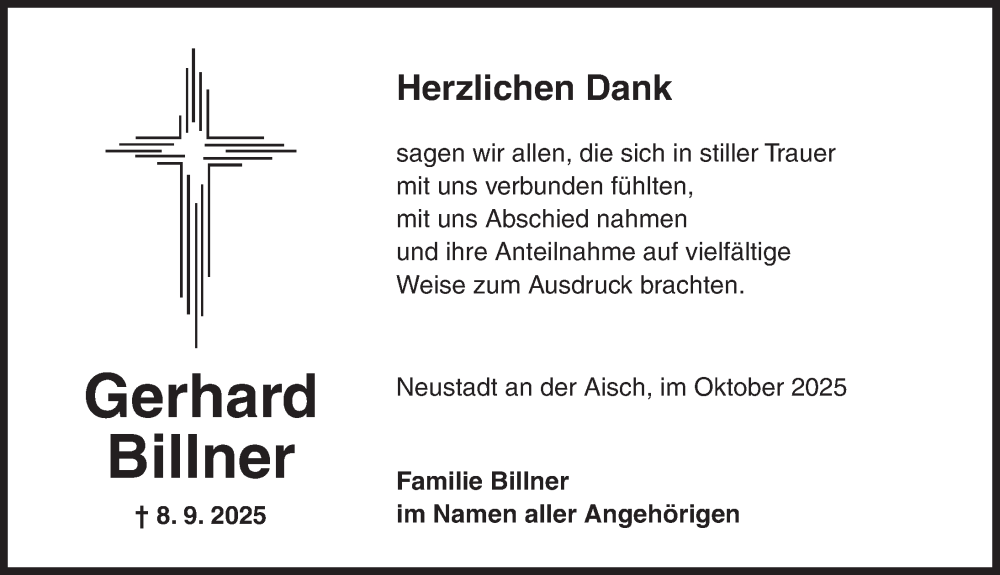  Traueranzeige für Gerhard Billner vom 08.10.2025 aus Neustadt/ Scheinfeld/ Uffenheim