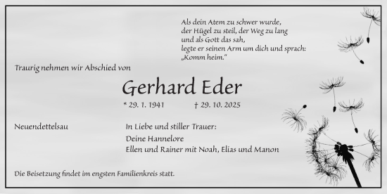 Traueranzeige von Gerhard Eder von Ansbach