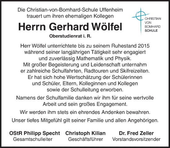 Traueranzeige von Gerhard Wölfel von Neustadt/ Scheinfeld/ Uffenheim