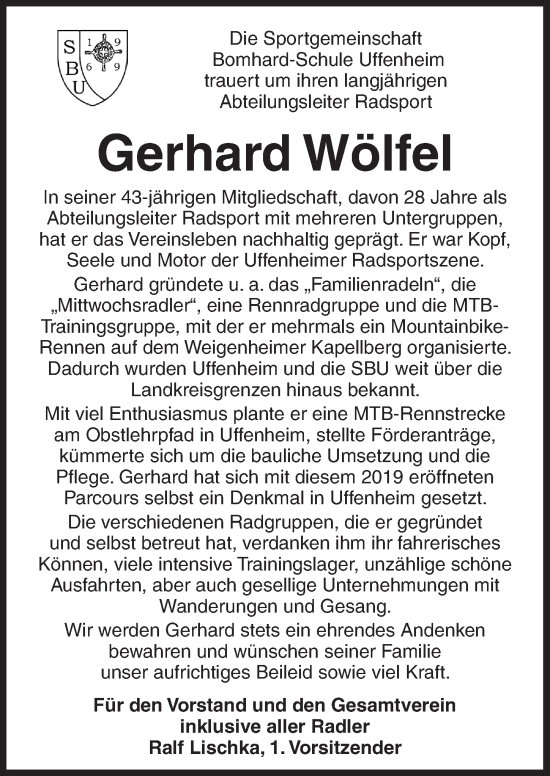 Traueranzeige von Gerhard Wölfel von Neustadt/ Scheinfeld/ Uffenheim