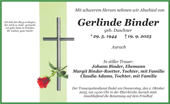 Traueranzeige von Gerlinde Binder von Ansbach