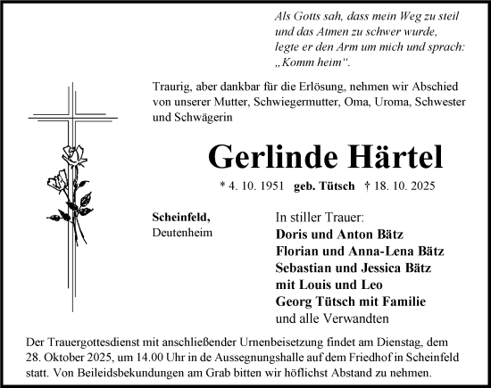 Traueranzeige von Gerlinde Härtel von Neustadt/ Scheinfeld/ Uffenheim