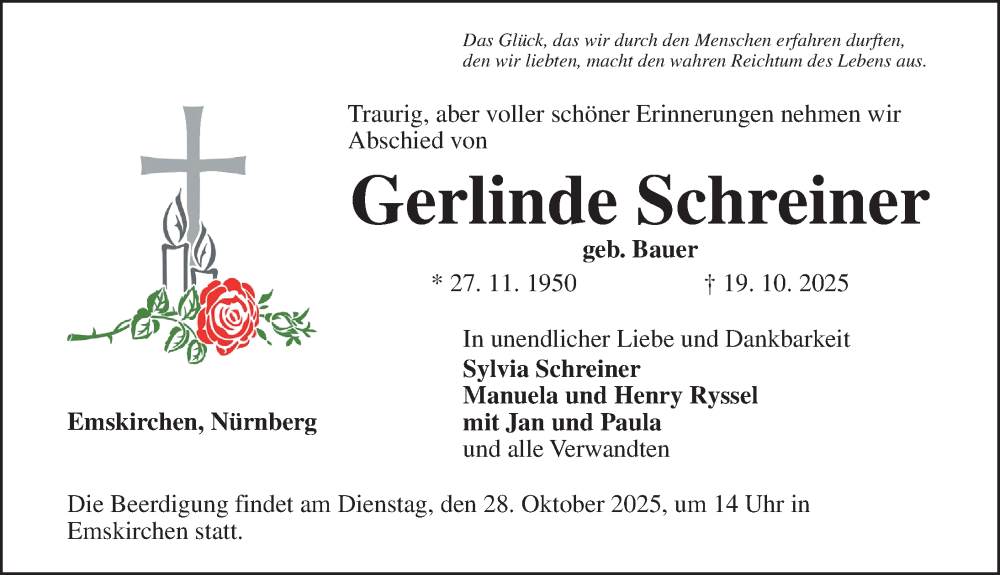  Traueranzeige für Gerlinde Schreiner vom 25.10.2025 aus Neustadt/ Scheinfeld/ Uffenheim