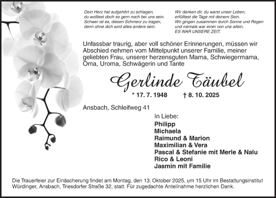Traueranzeige von Gerlinde Täubel von Ansbach