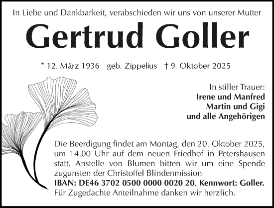 Traueranzeige von Gertrud Goller von GE