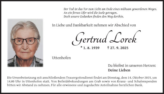Traueranzeige von Gertrud Lorek von Neustadt/ Scheinfeld/ Uffenheim