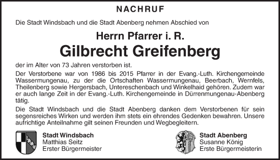 Traueranzeige von Gilbrecht Greifenberg von Ansbach