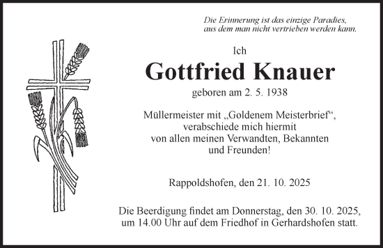 Traueranzeige von Gottfried Knauer von Neustadt/ Scheinfeld/ Uffenheim