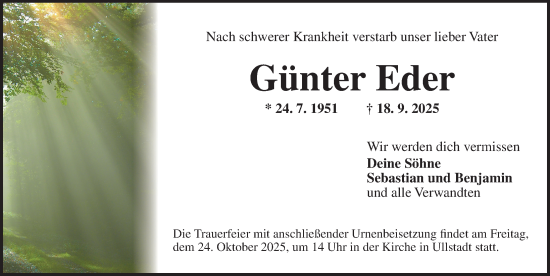 Traueranzeige von Günter Eder von Neustadt/ Scheinfeld/ Uffenheim