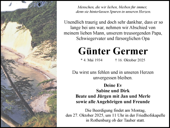 Traueranzeige von Günter Germer von Rothenburg