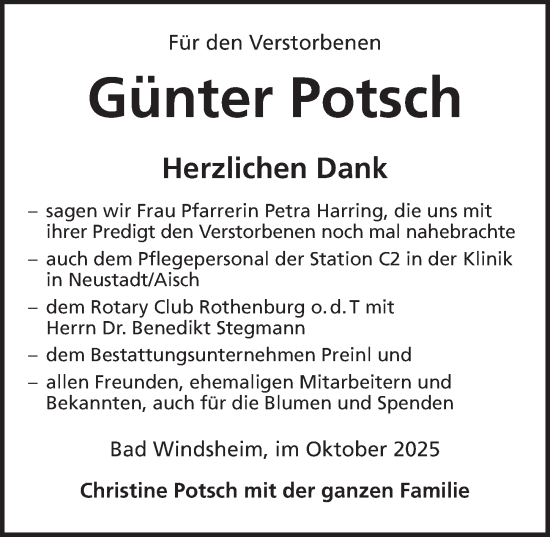 Traueranzeige von Günter Potsch von Neustadt/ Scheinfeld/ Uffenheim