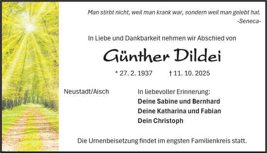 Traueranzeige von Günther Dildei von Neustadt/ Scheinfeld/ Uffenheim