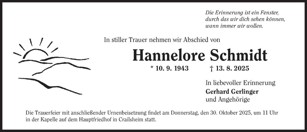  Traueranzeige für Hannelore Schmidt vom 29.10.2025 aus Rothenburg