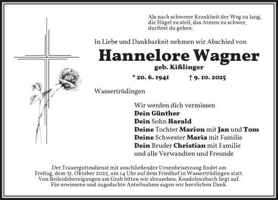 Traueranzeige von Hannelore Wagner von Dinkelsbühl/ Feuchtwangen