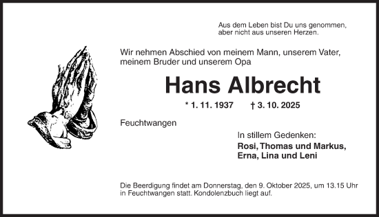 Traueranzeige von Hans Albrecht von Dinkelsbühl/ Feuchtwangen