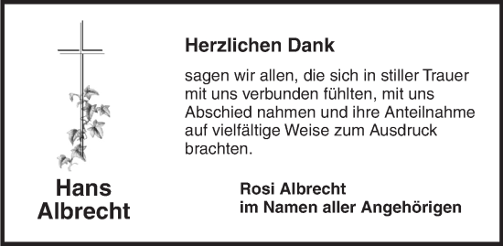 Traueranzeige von Hans Albrecht von Dinkelsbühl/ Feuchtwangen