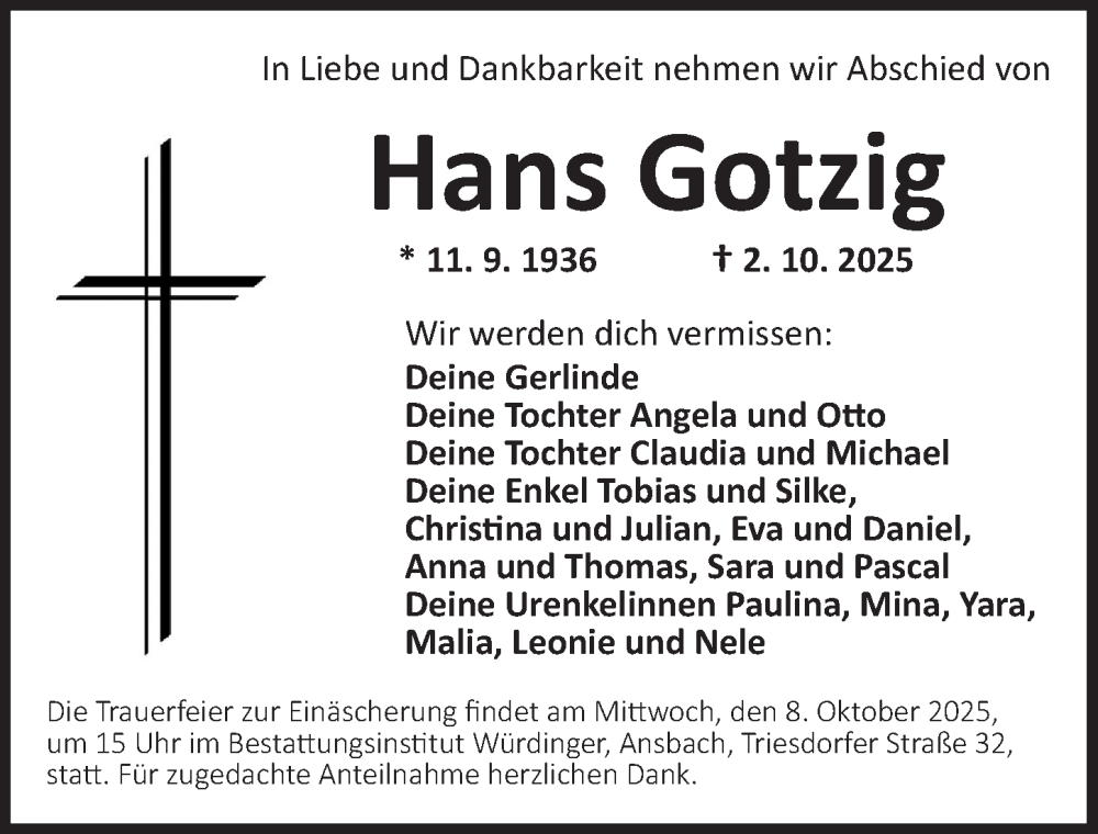  Traueranzeige für Hans Gotzig vom 06.10.2025 aus Ansbach
