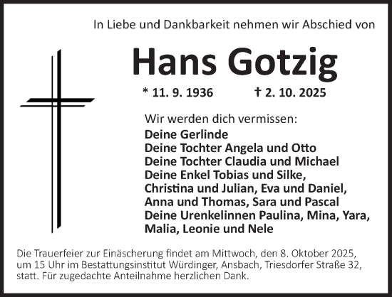 Traueranzeige von Hans Gotzig von Ansbach