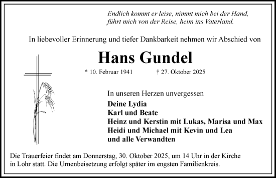 Traueranzeige von Hans Gundel von Rothenburg