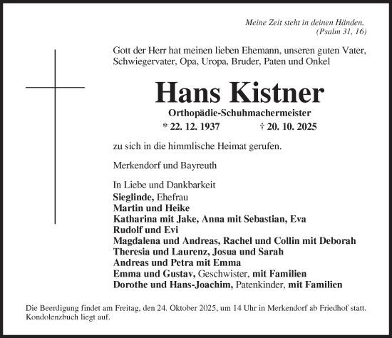 Traueranzeige von Hans Kistner von Ansbach