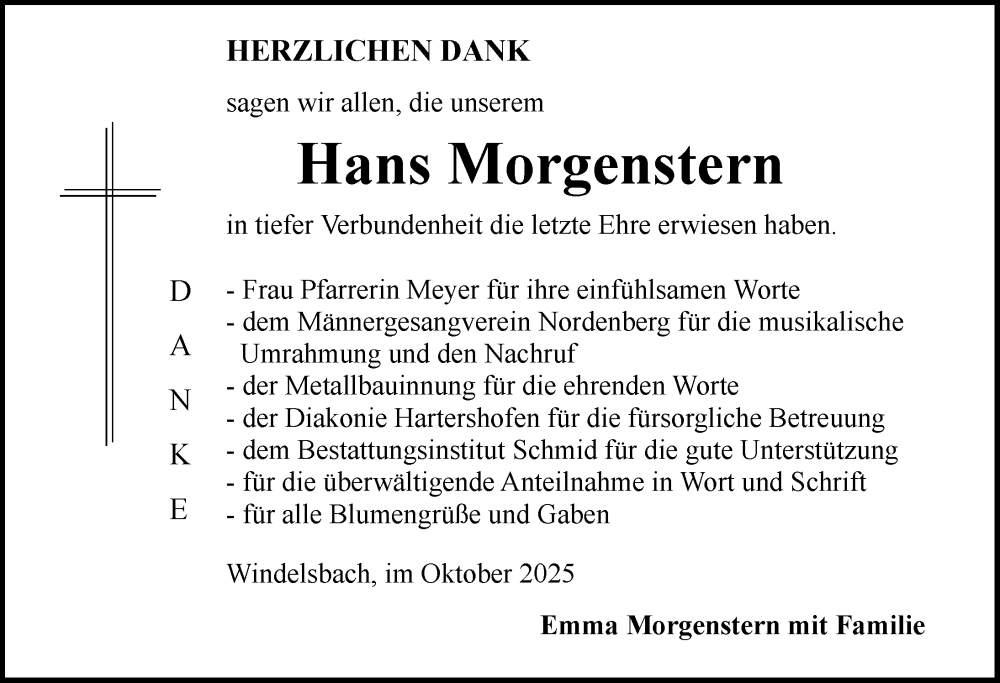  Traueranzeige für Hans Morgenstern vom 18.10.2025 aus Rothenburg