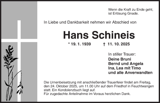 Traueranzeige von Hans Schineis von Dinkelsbühl/ Feuchtwangen