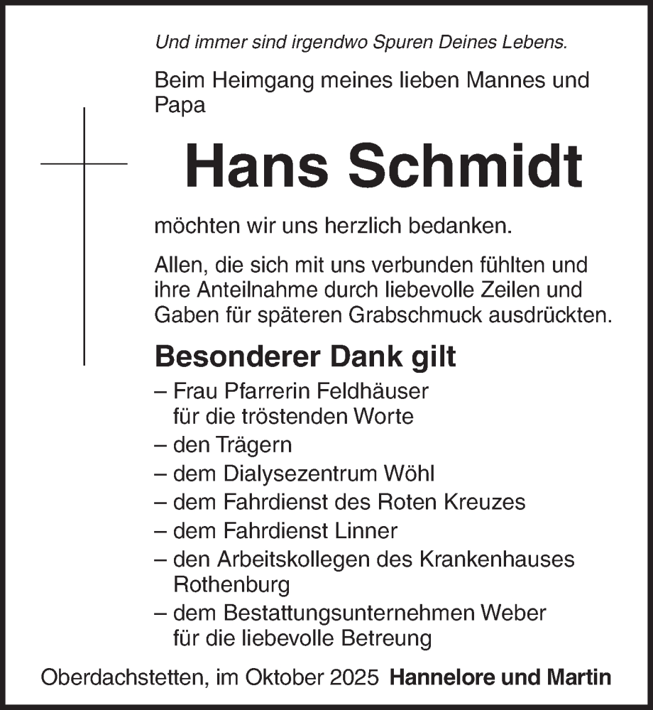  Traueranzeige für Hans Schmidt vom 18.10.2025 aus Ansbach