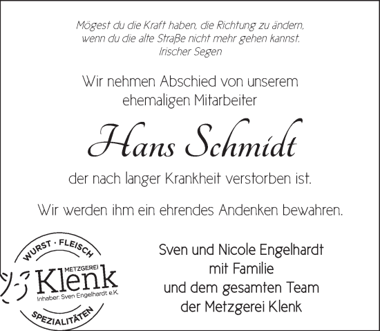 Traueranzeige von Hans Schmidt von Ansbach
