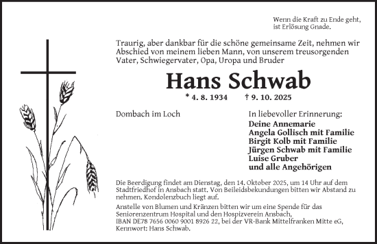 Traueranzeige von Hans Schwab von Ansbach