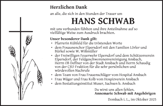 Traueranzeige von Hans Schwab von Ansbach
