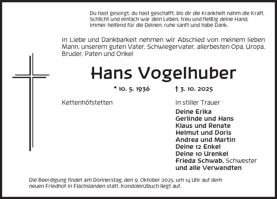 Traueranzeige von Hans Vogelhuber von Ansbach