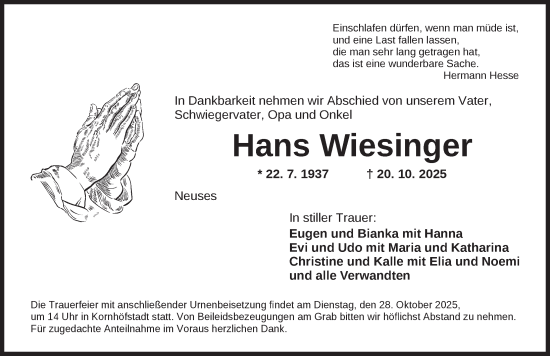 Traueranzeige von Hans Wiesinger von Neustadt/ Scheinfeld/ Uffenheim