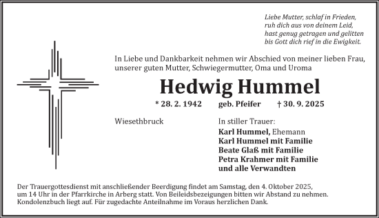 Traueranzeige von Hedwig Hummel von Dinkelsbühl/ Feuchtwangen