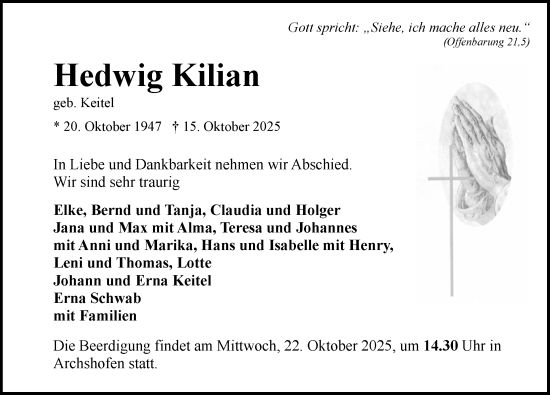 Traueranzeige von Hedwig Kilian von Rothenburg
