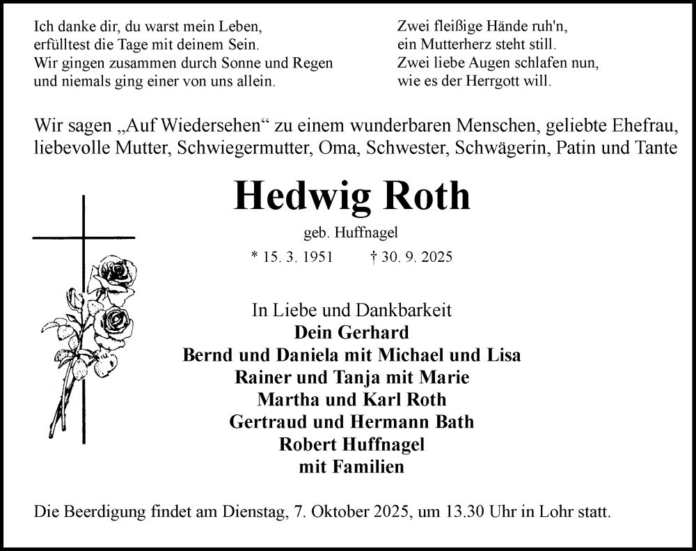  Traueranzeige für Hedwig Roth vom 04.10.2025 aus Rothenburg