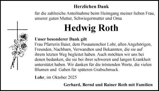 Traueranzeige von Hedwig Roth von Rothenburg