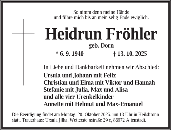 Traueranzeige von Heidrun Fröhler von Ansbach